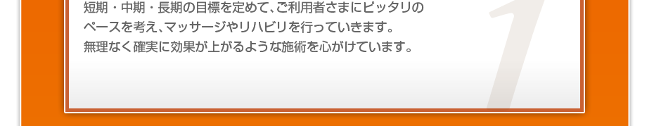 短期・中期・長期の目標を定めて、ご利用者さまにピッタリのペースを考え、マッサージやリハビリを行っていきます。無理なく確実に効果が上がるような施術を心がけています。