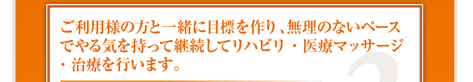 ご利用様の方と一緒に目標を作り、無理のないペースでやる気を持って継続してリハビリ・医療マッサージ・治療を行います。